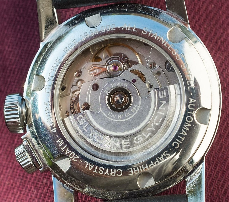 Automatic movement seen through a display caseback